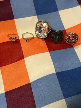 Mixed Costume Ring Set with Clear and Pink Stones - Gold & Silver Tones